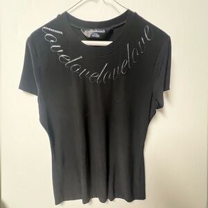 NORMA KAMALI BLACK SHORT SLEEVE SIZE XL “LOVED” GRAPHIC TOP.  POLYESTER/SPANDEX